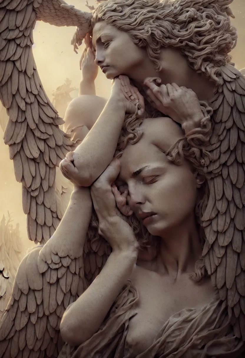 Image similar to beautiful very extreme closeup portrait, weeping angels, weeping angels, weeping angels, weeping angels, angel of grief, stone statues, beautiful woman body, unreal engine, greg rutkowski, loish, rhads, beeple, tom bagshaw, alphonse mucha, global illumination, detailed and intricate environment