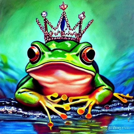 Image similar to beautiful oil painting painting of a frog wearing a crown in swamp