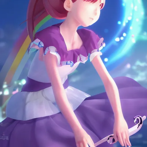 Image similar to A beautiful portrait of a magical girl from the rainbow sky paradise in the process of transforming into her magical girl outfit, character design by Goro Fujita, very beautiful background by Makoto Shinkai, Pixiv 3DCG, Daz Studio