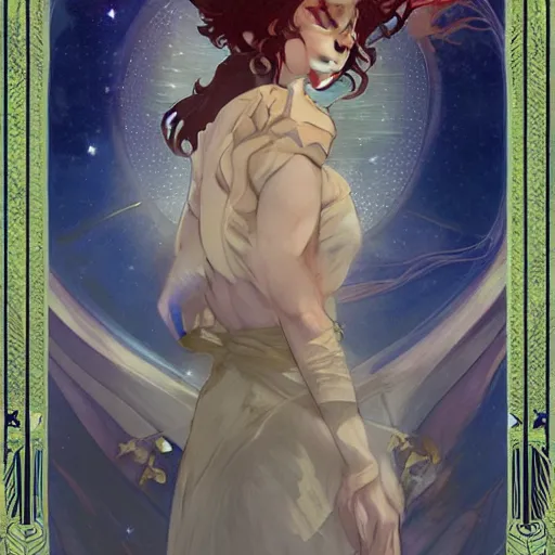 Image similar to the star tarot card, elegant, dramatic lighting, graphic art, volumetric lighting, sharp focus, detailled, by Krenz Cushart and Artem Demura and Alphonse Mucha