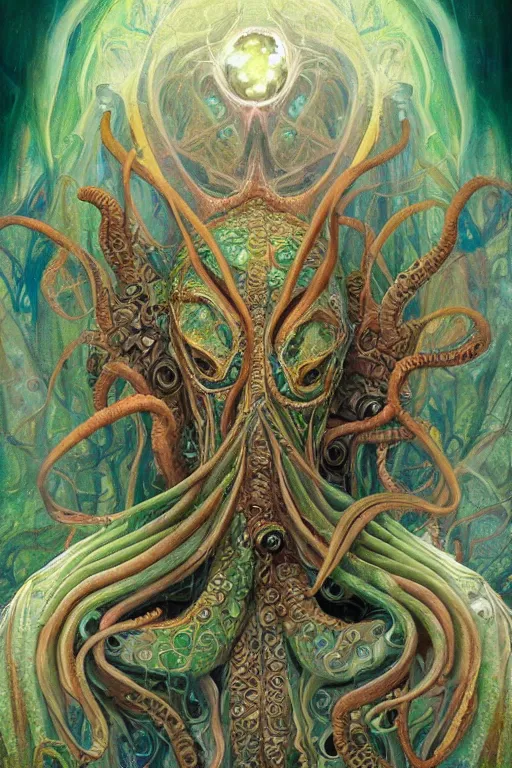 Image similar to psychedelic organic cthulhu mindflayer, gems jewels, diffuse lighting, fantasy, intricate, elegant, highly detailed, lifelike, photorealistic, digital painting, artstation, illustration, concept art, smooth, sharp focus, art by John Collier and Albert Aublet and Krenz Cushart and Artem Demura and Alphonse Mucha