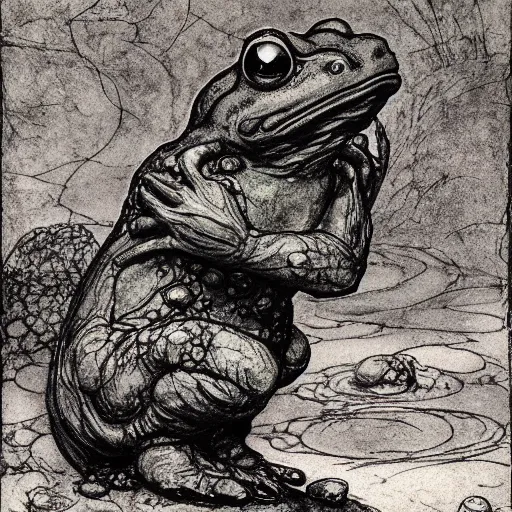 Prompt: toad philosopher toad in a pose The Thinker, in swamp, colour, by Auguste Rodin, illustrations by irish fairy tales james stephens arthur rackham, fairy tale illustrations, top cinematic lighting , cinematic mood, very detailed, shot in canon,