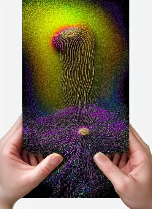 Image similar to hyper detailed 3d render like a Oil painting - Aurora (Singer) Eats of the Strangling network of yellowcake and milky Fruit and Her delicate Hands hold of gossamer polyp blossoms bring iridescent fungal flowers whose spores black the foolish stars by Jacek Yerka, Mariusz Lewandowski, Houdini algorithmic generative render, Abstract brush strokes, Masterpiece, Edward Hopper and James Gilleard, Zdzislaw Beksinski, Mark Ryden, Wolfgang Lettl, hints of Yayoi Kasuma, octane render, 8k