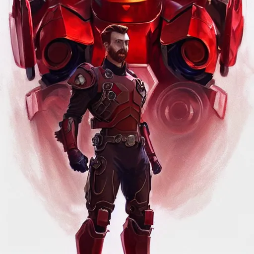 Image similar to handsome Chris Evans wearing a Red Power Armor, western, closeup, D&D, fantasy, intricate, elegant, highly detailed, digital painting, artstation, concept art, matte, sharp focus, illustration, art by Artgerm and Greg Rutkowski and Alphonse Mucha