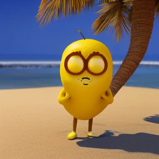 Image similar to a supercute cartoonnetwork lemon character, that is cute and good looking, it's is relaxing on a beach, dalle - 2 quality, octane render, 3 d, volumetric lightening,