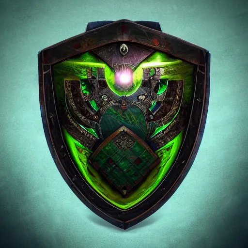 Image similar to green medieval shield, powerful fantasy epic legends, game icon stylized, digital illustration radiating, a glowing aura, global illumination, ray tracing, 8 k high definition, intricate details, octane render, unreal engine, trending on arstation