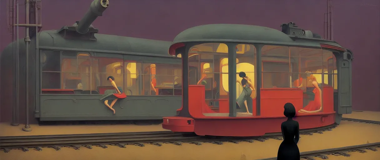 Prompt: train engine, woman reaching, Edward Hopper and James Gilleard, Zdzislaw Beksinski, Mark Ryden, Wolfgang Lettl highly detailed