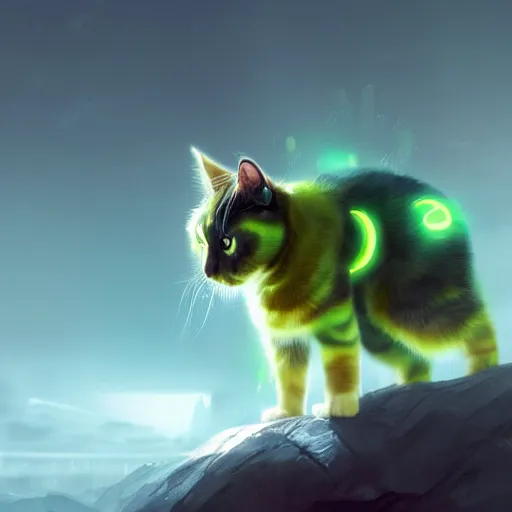 Prompt: moody atmospheric render of a cyborg calico cat with a chartreuse and teal color scheme by leon tukker