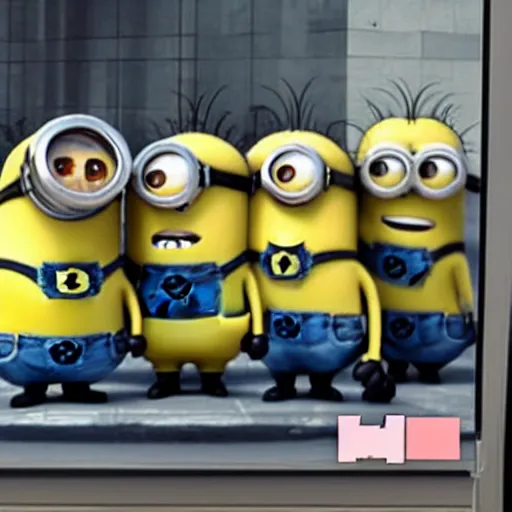 Image similar to minions rob a bank, security camera footage