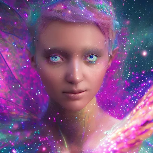 Image similar to portrait of a magical fairy made of galaxies, highly detailed, realistic, octane render, comic book art, space travel, unreal engine, sharp focus, splashes of colors