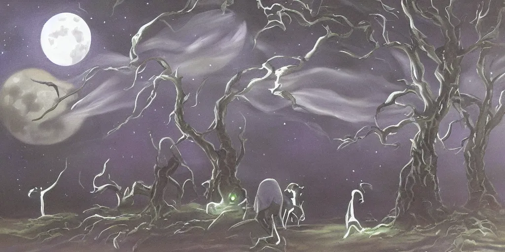 Image similar to painting of ghostly creatures prowling through the full moon night