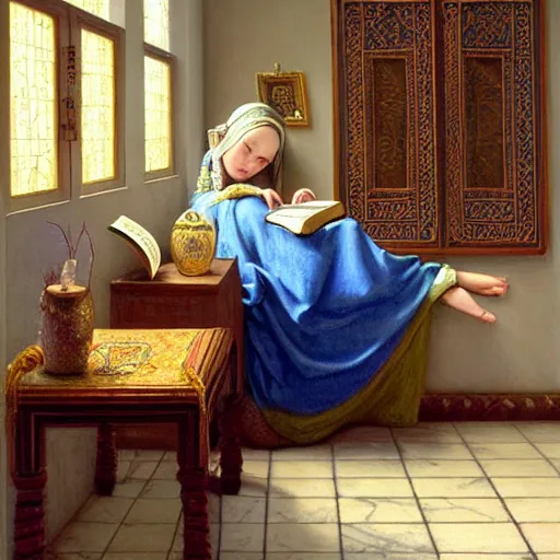 Prompt: a highly detailed fantasy pastel oil painting of a young wizard in ornate clothing lounging on a purpur pillow on the marble floor in front of her bookcase, studying an ancient tome. to the side is a potted plant and some blue candles. ancient oriental fantasy setting. in the style vermeer and mark tedin