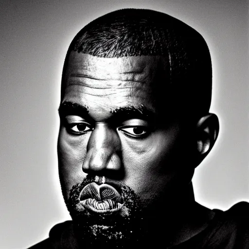 Image similar to a split lighting portrait of kanye west dressed as rick owens, black background, portrait by julia margaret cameron, shallow depth of field, 8 0 mm, f 1. 8