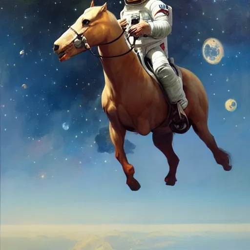 Prompt: An astronaut riding a horse in space, oil on canvas by Frank Frazetta, artstation, digital art, WLOP, Mandy Jurgens