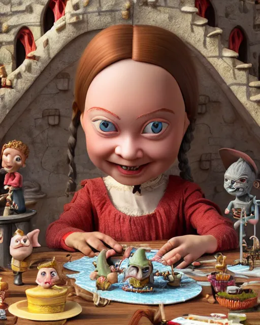 Image similar to highly detailed closeup, face profile portrait of a tin toy greta thunberg as a medieval goblin eating cakes in a castle, bikini, depth of field, nicoletta ceccoli, mark ryden, lostfish, dan decarlo, bob clampett, max fleischer, detailed and intricate environment, 8 k resolution, hyperrealistic, octane render