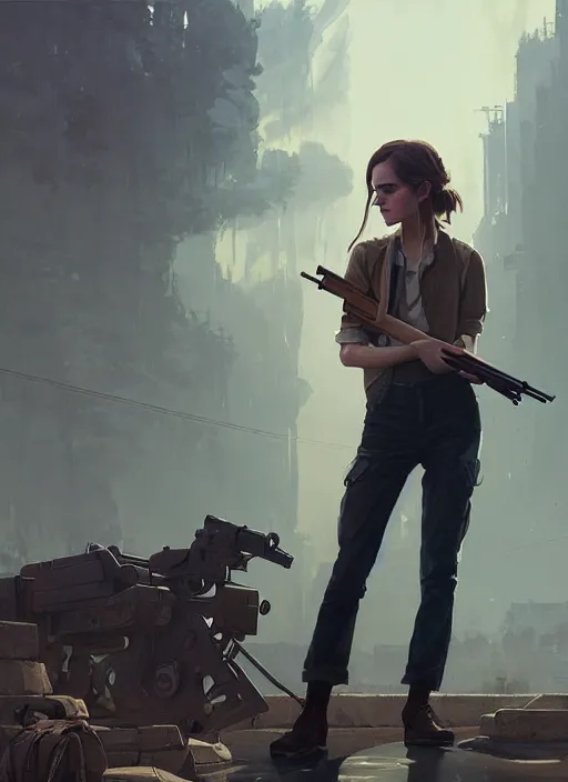 Image similar to highly detailed painting of emma watson holding a shotgun in gta v, stephen bliss, unreal engine, fantasy art by greg rutkowski, loish, rhads, ferdinand knab, makoto shinkai and lois van baarle, ilya kuvshinov, rossdraws, tom bagshaw, global illumination, radiant light, detailed and intricate environment