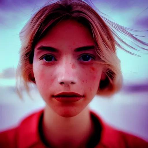 Prompt: analog closeup of a beautiful young woman with one cybernetic eye, clouds in the background, warm tones, red color bleed, film grain