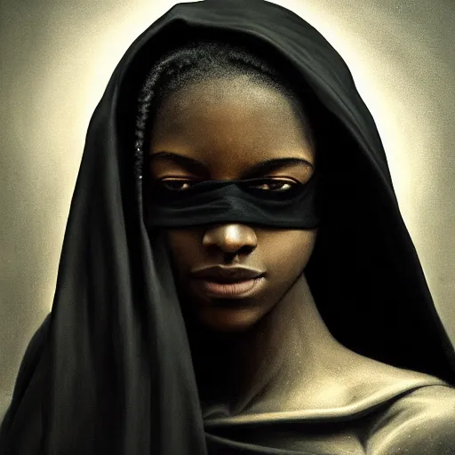 Image similar to a portrait of a young black woman wearing a long dark cloak, hood and shadows covering face, anatomically correct, beautiful perfect face, enigmatic, oil painting, matte painting, black background, Volumetric dynamic lighting, Highly Detailed, Cinematic Lighting, Unreal Engine, 8k, HD, by Beksinski