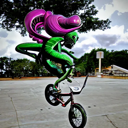 Image similar to alien riding a bmx, photograph