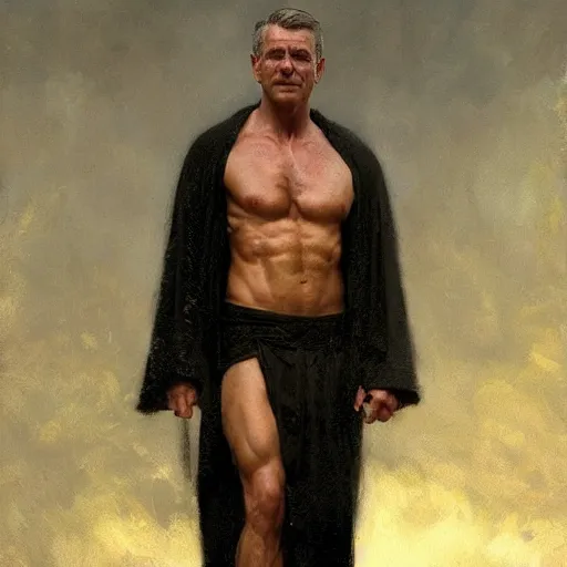 Image similar to detailed realistic cinematic wide shot of beautiful attractive muscular george bush wearing black gold robe slim face symettrical face clean skin black eyes black robe smooth, sharp focus, ultra realistic, spring light, painting by gaston bussiere, craig mullins, j. c. leyendecker