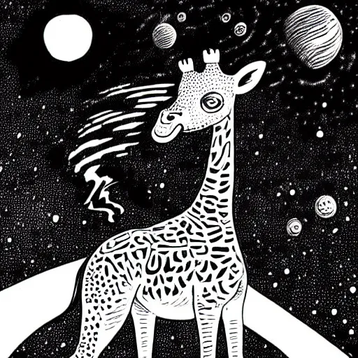 Prompt: black and white trippy comic art of a giraffe being abducted by ufo, lots of particles, drawn by Martin Rowson, Tim Burton, Studio Ghibli, Alex Pardee, Nekro Petros Afshar, James McDermott, cgsociety 4K