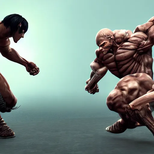 Prompt: 3d render of Armored Titan vs Eren, digital art, unreal engine 5, trending on artstation