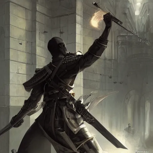 Image similar to a black male rogue fighting with guards in a fantasy paris 1700, symmetric face, hyperrealism, epic fantasy digital art, fantasy style art, by Greg Rutkowski, fantasy magic the gathering card art style