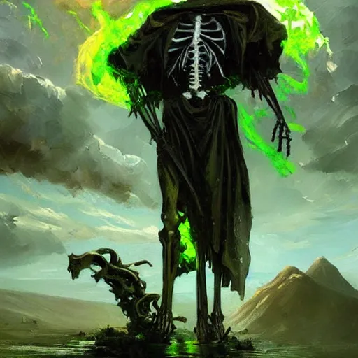 Image similar to A highly detailed oil painting by Greg Rutkowski and Afremov of a skeleton wearing black robes making a potion glowing bright green in a huge bubbling cauldron, highly detailed fantasy concept artwork, very realistic.