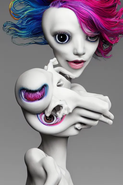 Prompt: 3 d full head and shoulders beautiful white porcelain woman smooth with colourful big eyeballs all through her hair, ornate detailed hair, 3 d swirling hair by theodor seuss geisel and daniel arsham and xiang duan, on a white background