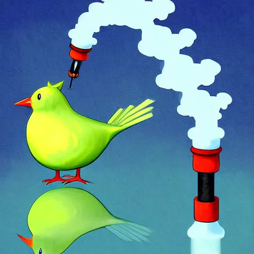 Image similar to fat bird with two pipes coming out of its head steam coming out of each pipe, by ken sugimori, digital painting