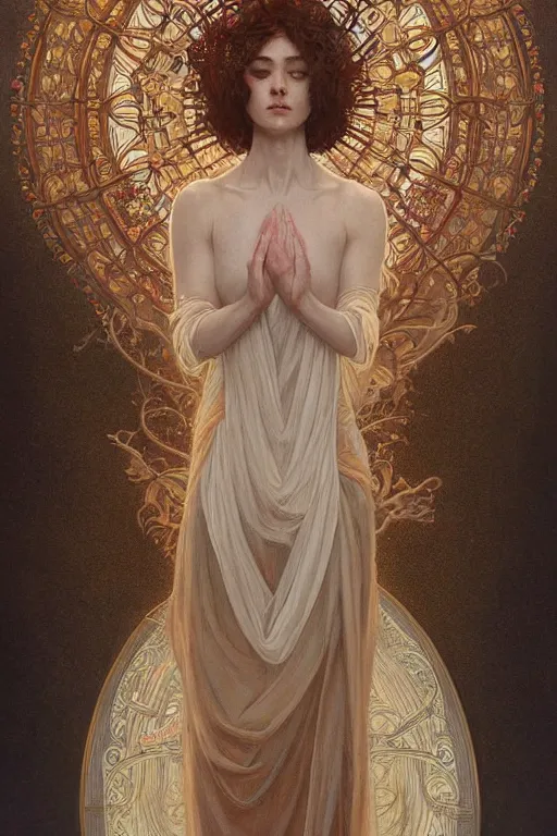 Prompt: a full body portrait of a beautiful ethereal delicate mage queen meditative sacral pose catholic stages of the cross, intricate, elegant, highly detailed, digital painting, artstation, concept art, smooth, sharp focus, illustration, art by krenz cushart and artem demura and alphonse mucha