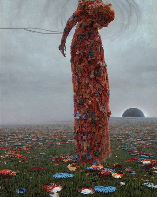 Prompt: A portrait of a woman wearing clothes made out of dying flowers, apocalypse, nuclear explosion in the background, Masterpiece, pure white skin, glowing, wires everywhere, by Edgar Maxence and Ross Tran, Zdzisław Beksiński, and Michael Whelan, distant, gustav dore, H.R. Giger, 8k, octane render