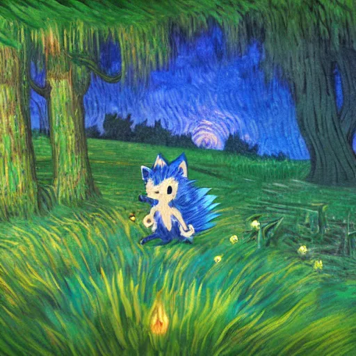 Image similar to sad painting of detailed realistic sonic the hedgehog in the woods at night, in the style of studio ghibli and moebius and claude monet and edward hopper and vincent van gogh