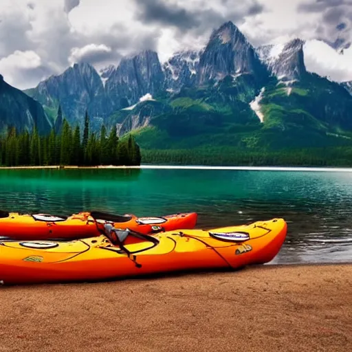 Image similar to a beautiful image of a breathtaking lake with amazing mountains in the background, there is a kayak in the foreground on the beach. landscape image