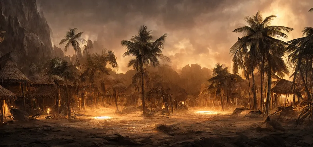 Image similar to wooden palisade wall on a tropical island kit by torches in a Storm night, intricate Details, raphael lacoste, eddie mendoza, alex ross, concept art, matte painting, highly detailed, rule of thirds, dynamic lighting, cinematic, detailed, denoised, centerd, clean render