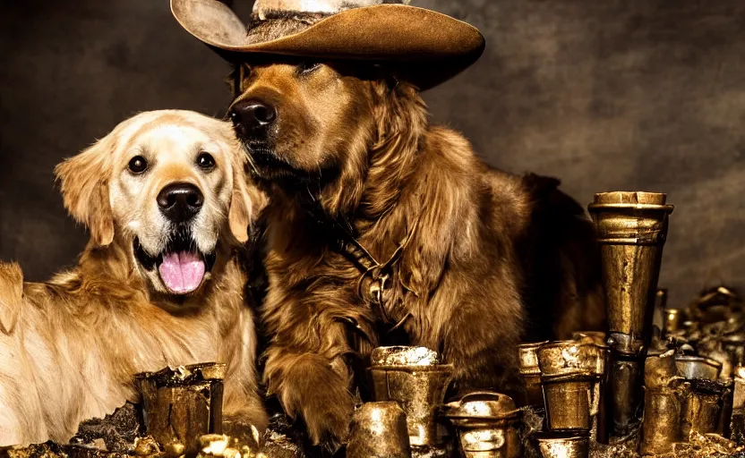 Image similar to a dirty golden retriever in a dark mine with large piles of gold nuggets and wearing a wild west hat and jacket, dim moody lighting, wooden supports, wall torches, cinematic style photograph