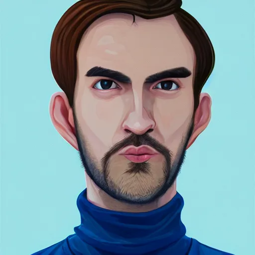 Prompt: gangly man with shortlight brown wavy hair, light brown short beard, no mustache, English heritage, blue eyes, middle aged, wearing a turtleneck and jacket, pale skin, narrow face, digital art, painterly, cartoon, cute, 8k, illustration, art by loish, painterly, trending on artstation, medium shot, uncropped