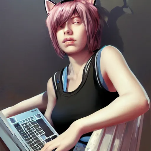 Image similar to woman wearing tank top and cat ears plays on computer, digital art, photorealistoc, art by greg rutkowski, hyperdetailed, western comic style, comic, comic style, sharp lineart, professional lighting, deviantart, artstation, trevor henderson, rossdtaws, cinematic, dramatic