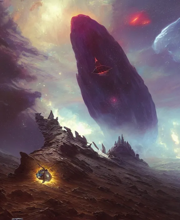 Image similar to wide shot of a starship with a stone devil's tower on its hull, in space near a nebula, d & d, fantasy, intricate, elegant, highly detailed, colorful, vivid color, digital painting, artstation, concept art, art by artgerm and greg rutkowski and alphonse mucha and ruan jia