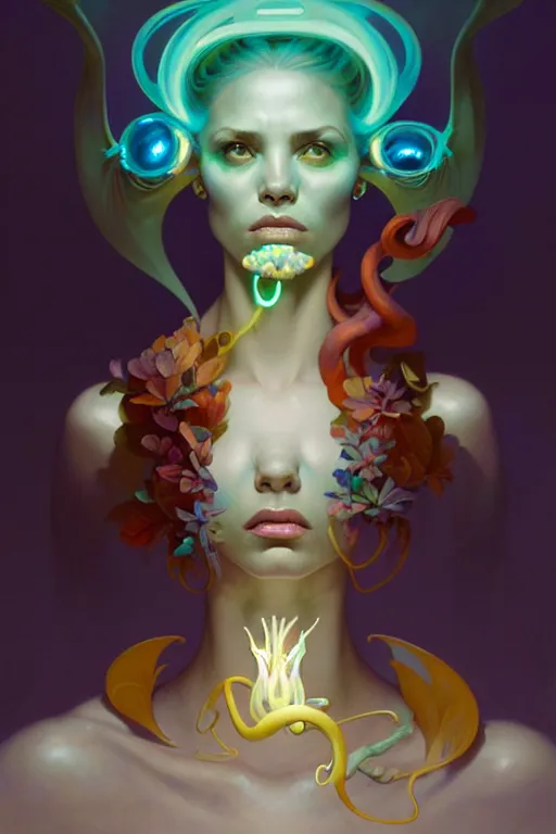 Image similar to portrait, bioluminescent creature, elegant baroque, asymmetrical art, hyperrealism, colorful, vivid, imposing, epic, digital painting, artstation, concept art, by peter mohrbacher and wlop and rhads and artgerm and magali villeneuve and alphonse mucha