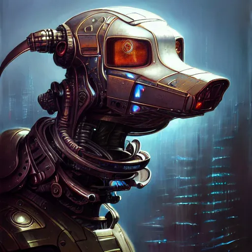 Image similar to low angle portrait shot of a cyberpunk dog robot, intricate, elegant, highly detailed, centered, digital painting, artstation, concept art, smooth, sharp focus, illustration, artgerm, Tomasz Alen Kopera, Peter Mohrbacher, donato giancola, Joseph Christian Leyendecker, WLOP, Boris Vallejo