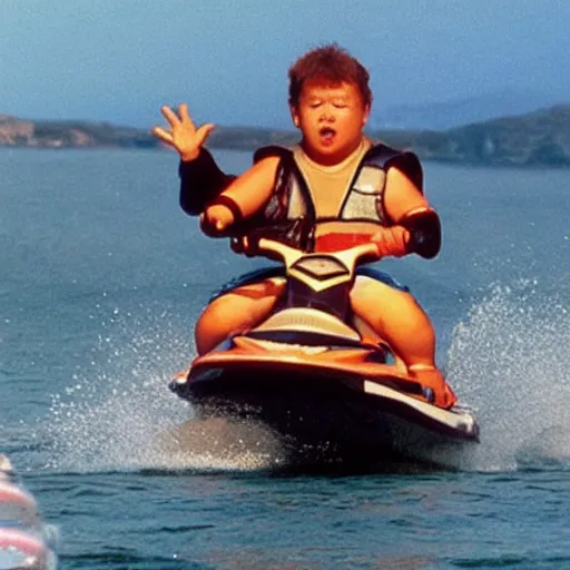 Image similar to photo of chunk from “the goonies” riding a jetski and giving “sign of the horns” 8k