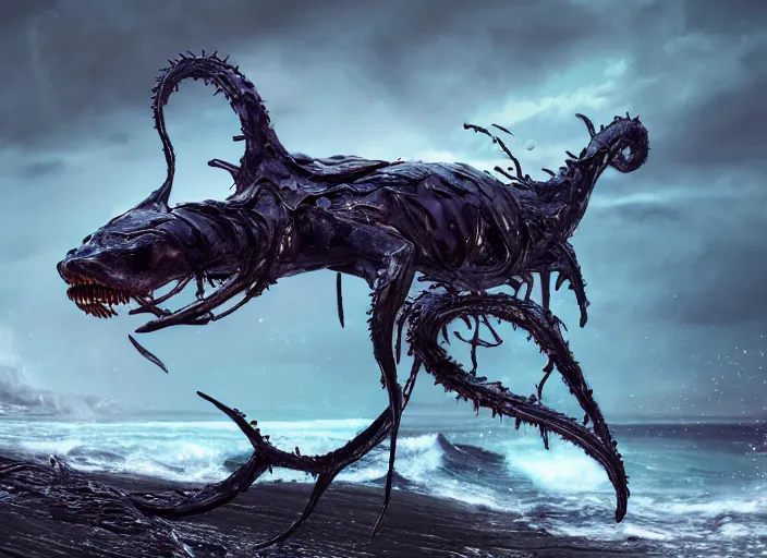 Image similar to a stunning cinematic extreme wide shot of an adorable confused slick sleek smooth humanoid sea monster wearing clothes made of seaweed on a dark stormy beach, well designed perfect with huge luminous sad eyes, sharp claws, cgsociety, hd octane render, fantasy, furry art, artstation, deviantart, furaffinity, very very clean, super clean, thunderclouds