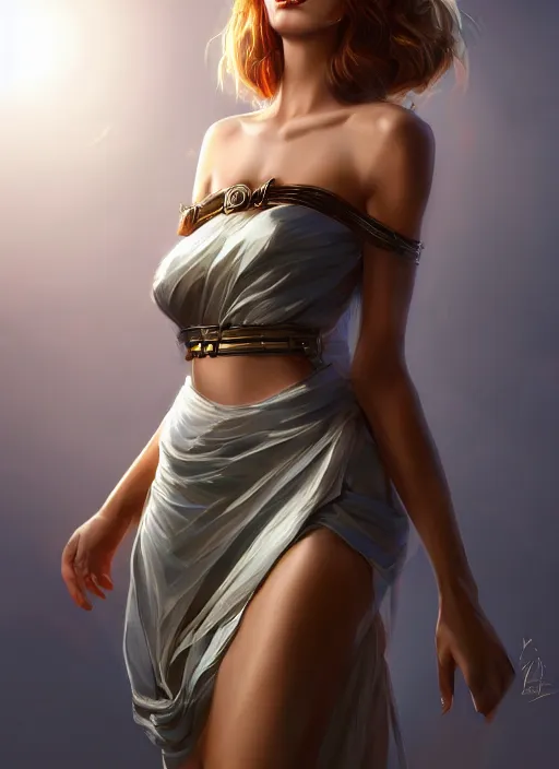 Image similar to beautiful fashion goddness, strapless dress, character portrait in the style of thomas river and artgerm, wlop, cinematic lighting, hyperdetailed, 8 k realistic, symmetrical, global illumination, radiant light, halo, love and mercy, frostbite 3 engine, cryengine, dof, trending on artstation, digital art, chanel