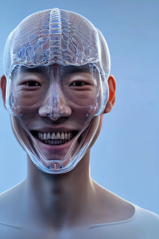 Image similar to hyperrealistic close-up translucent intricate exoskeleton!! smiling chinese man covered highly detailed concept art eric zener elson peter cinematic side soft blue light high angle hd 8k sharp shallow depth of field