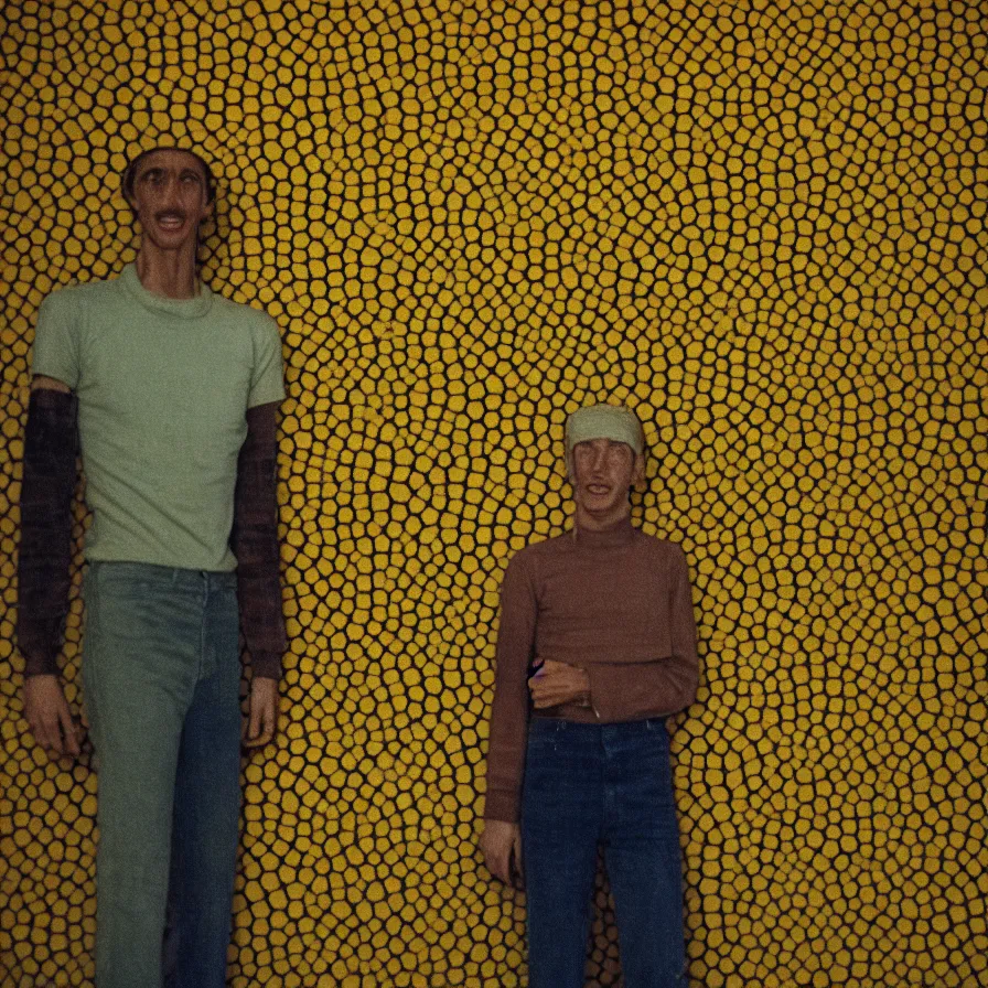 Prompt: 7 0 s movie still of a trypophobia skinny man with trypophobia in a yellow wall soviet tunnel, cinestill 8 0 0 t 3 5 mm eastmancolor, heavy grain, high quality, high detail