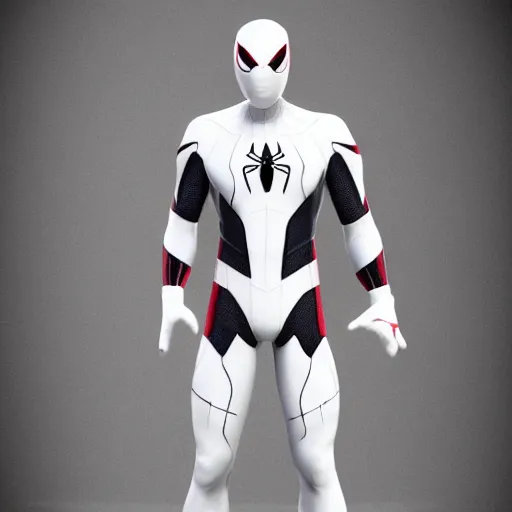 Image similar to white spider - man suit with black web lining, cinematic, volumetric lighting, realistic, hyperdetailed, photorealistic, photograph