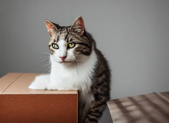 Image similar to photography of a Cat sitting on a box. in a room full of posters, photorealistic, raining award winning photo, 100mm, sharp, high res