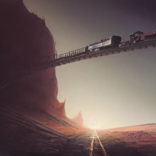 Prompt: an intricate, detailed matte painting of a train on mars, dusty, dramatic lighting, 4k, trending on artstation, by Greg Rutkowski