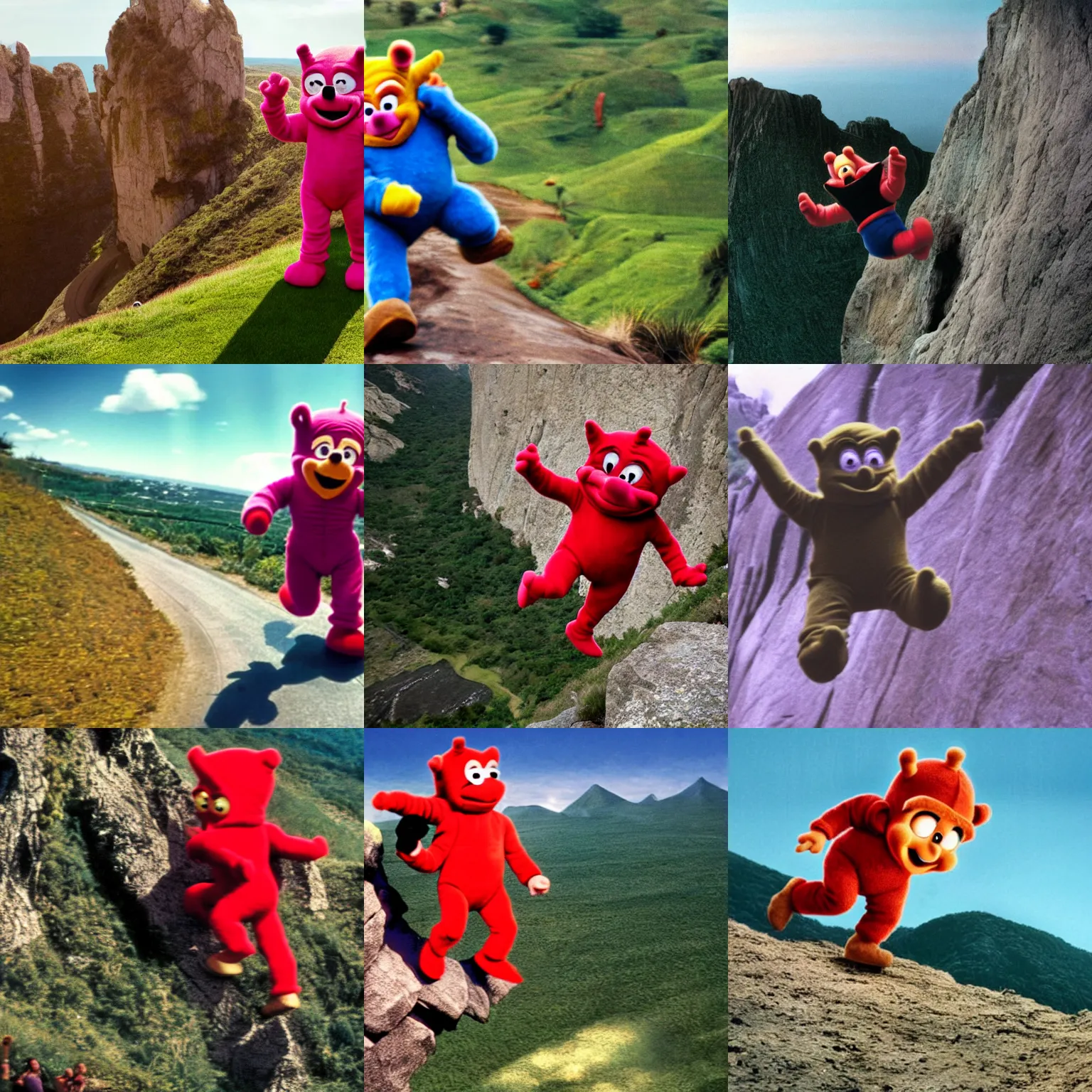 Prompt: wide shot of tom cruise pushing a teletubby off a cliff